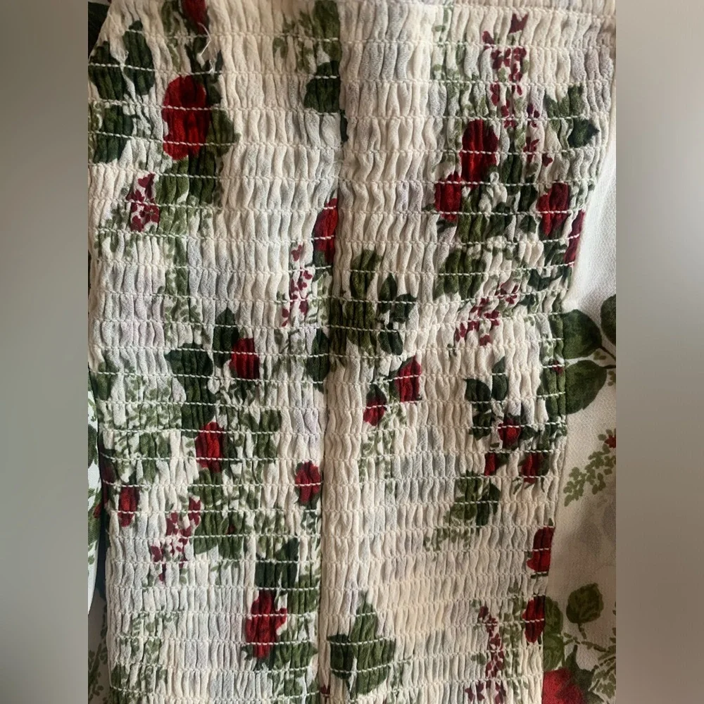 Reformation Cream Floral Puff-Sleeve Blouse with Red & Green Roses